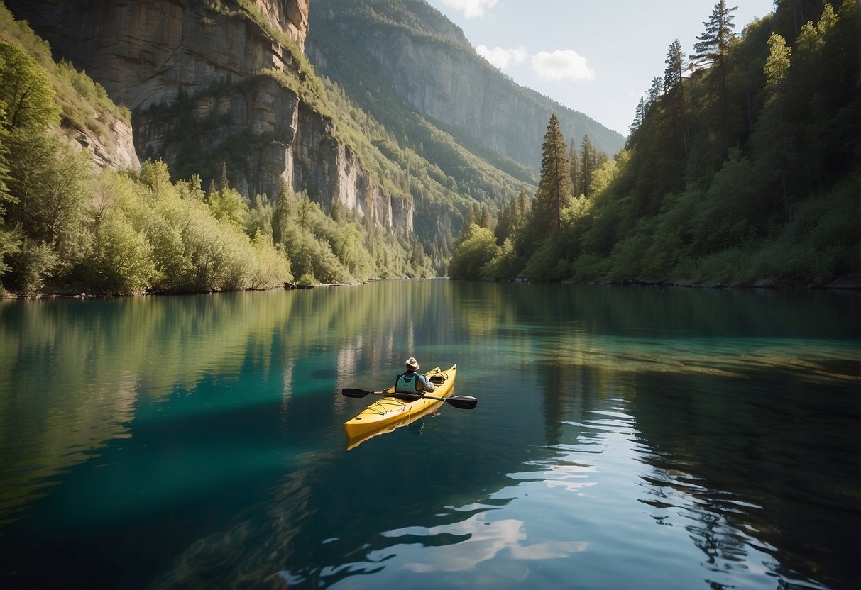 Crystal clear water reflects lush greenery as a kayak glides through a serene river lined with towering cliffs and vibrant wildflowers