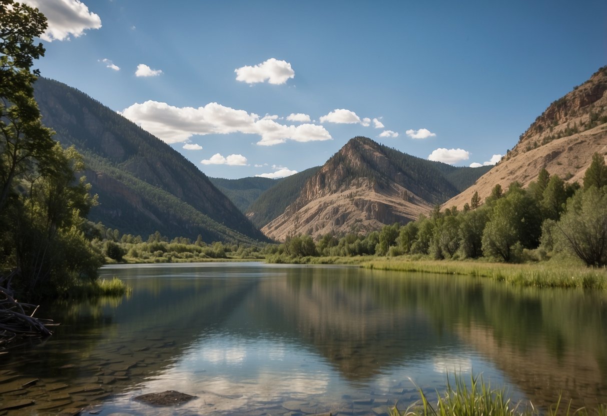 The Missouri River flows through Montana's picturesque landscape, surrounded by lush greenery and rugged mountains. The calm waters reflect the clear blue sky, creating a serene and tranquil scene for paddlers to enjoy