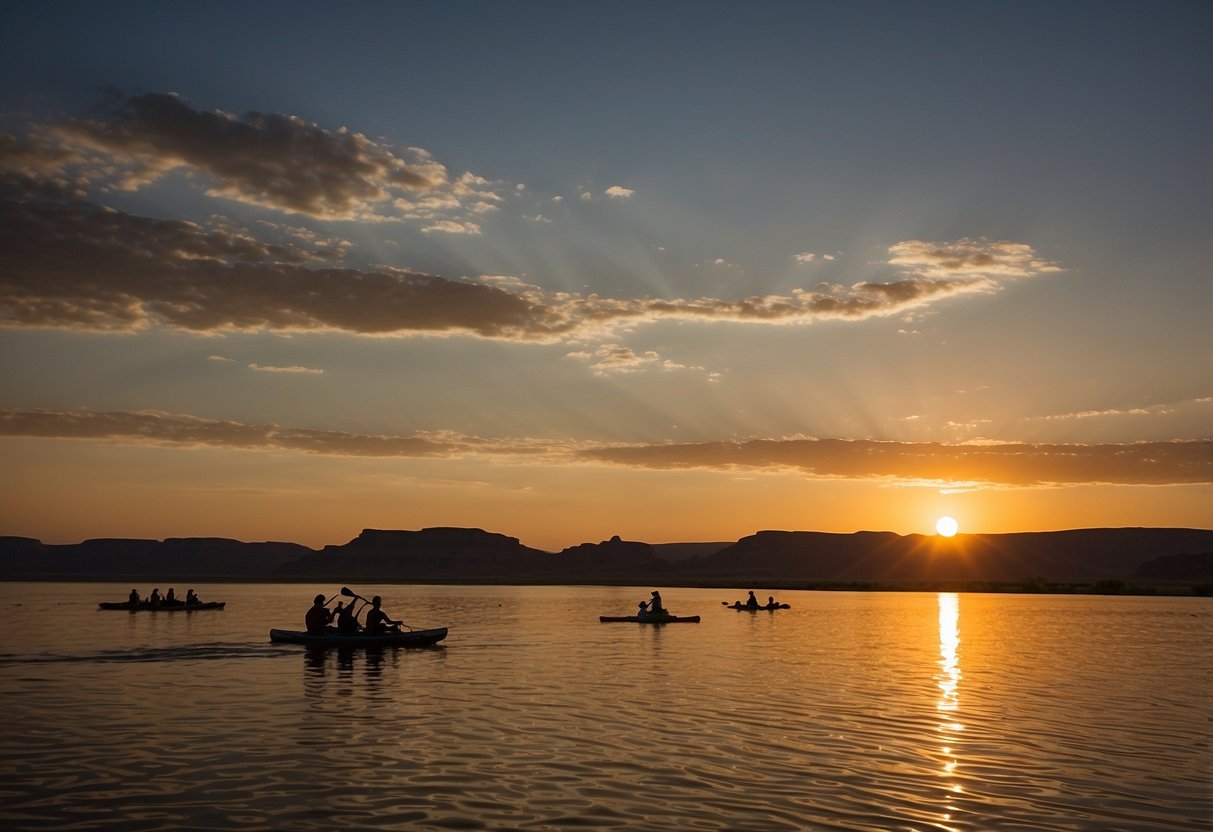 The sun sets over Elephant Butte Lake, casting a warm glow on the calm waters. The rugged desert landscape provides a stunning backdrop for paddlers exploring the 10 most beautiful routes in the U.S