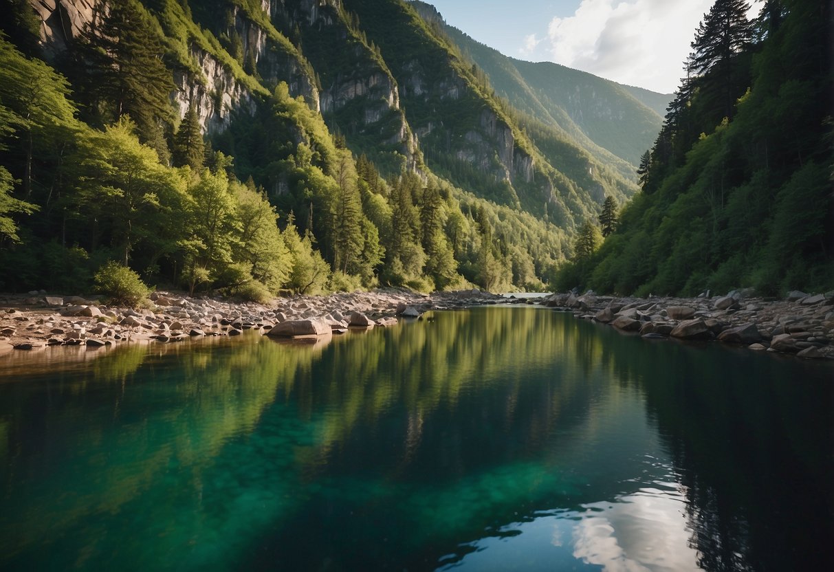 A serene river winds through a lush forest, reflecting the vibrant greenery and towering cliffs. Birds soar overhead, and fish leap from the crystal-clear water. The scene exudes tranquility and natural beauty