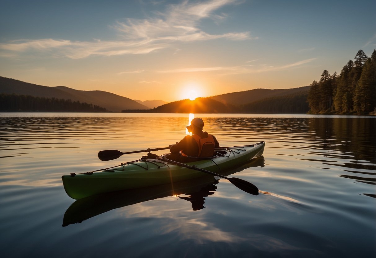 A kayak loaded with camping gear and supplies sits on a calm, glassy lake. The sun is setting, casting a warm glow over the water as the paddler prepares for a long-distance journey