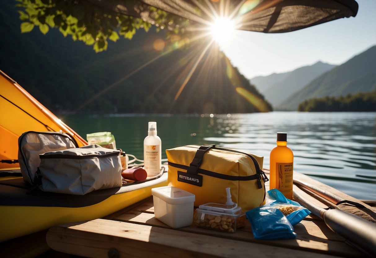 A fully stocked first aid kit sits on a kayak deck, surrounded by water, sunscreen, and snacks. The sun shines overhead as the paddler prepares for a long-distance trip