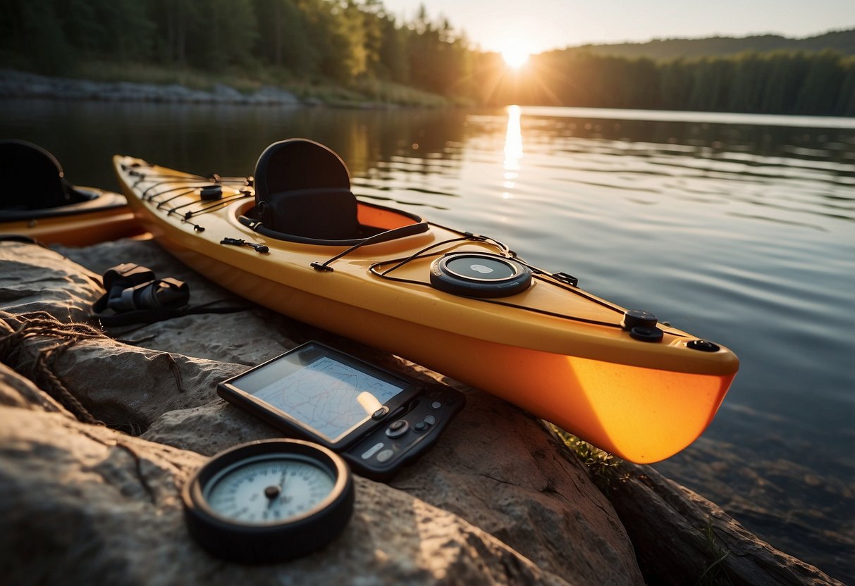 A kayak loaded with gear sits on a tranquil riverbank. A map, compass, and GPS are spread out, with a checklist of supplies nearby. The sun is setting, casting a warm glow over the scene