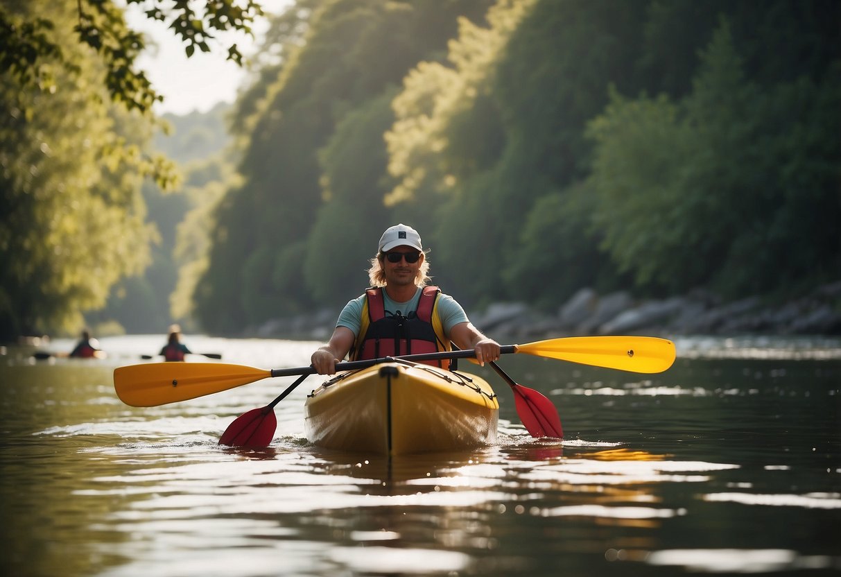 A sunny day on a calm river, with kayaks and canoes gliding along. The paddlers wear lightweight hats, shielding their faces from the sun