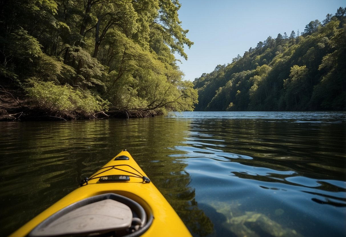 A sunny riverbank with a kayak and paddles, surrounded by lush green trees and clear blue skies. The Sunday Afternoons Ultra Adventure Hat is placed prominently on the kayak seat, ready for a day of lightweight paddling