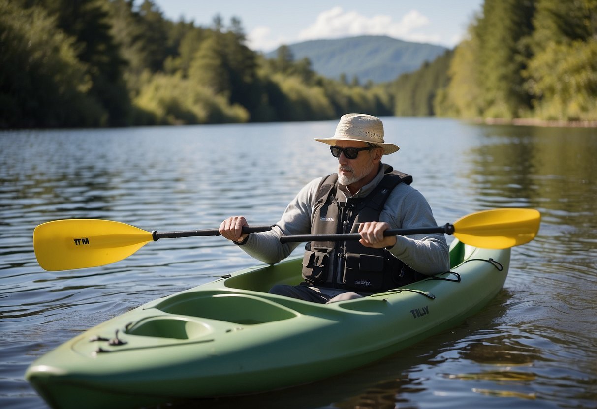 A sunny day on a calm river, a kayak glides through the water. A Tilley LTM6 Airflo Hat sits on the kayak seat, with a paddle resting against it