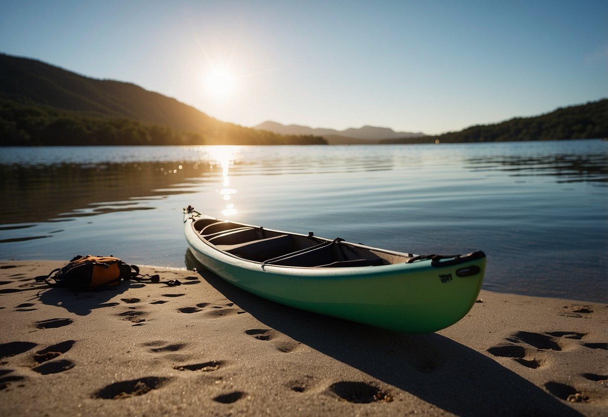 A sunny beach with calm waters, a kayak resting on the shore, and a Patagonia Bimini Cap hanging from the paddle