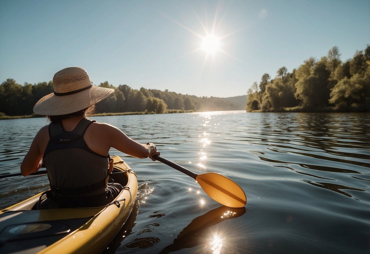 A sunny day on a calm river, with a paddler wearing a lightweight hat. The hat has a wide brim and a chin strap, providing sun protection and security while paddling