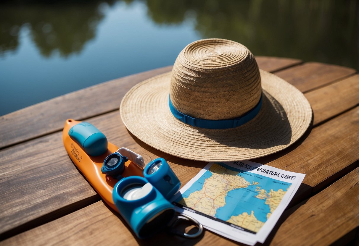 A paddling hat hangs on a hook, surrounded by sunscreen, a water bottle, and a map. The hat is made of lightweight, quick-drying material, with a wide brim and adjustable chin strap