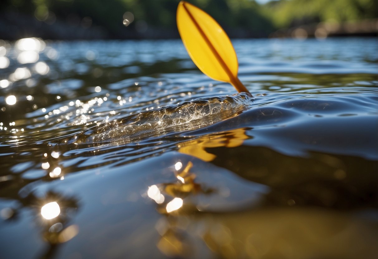 Water droplets cascade from a paddle as it dips into a clear river. A small filter dangles from a kayak, while a UV purifier sits on a canoe's deck