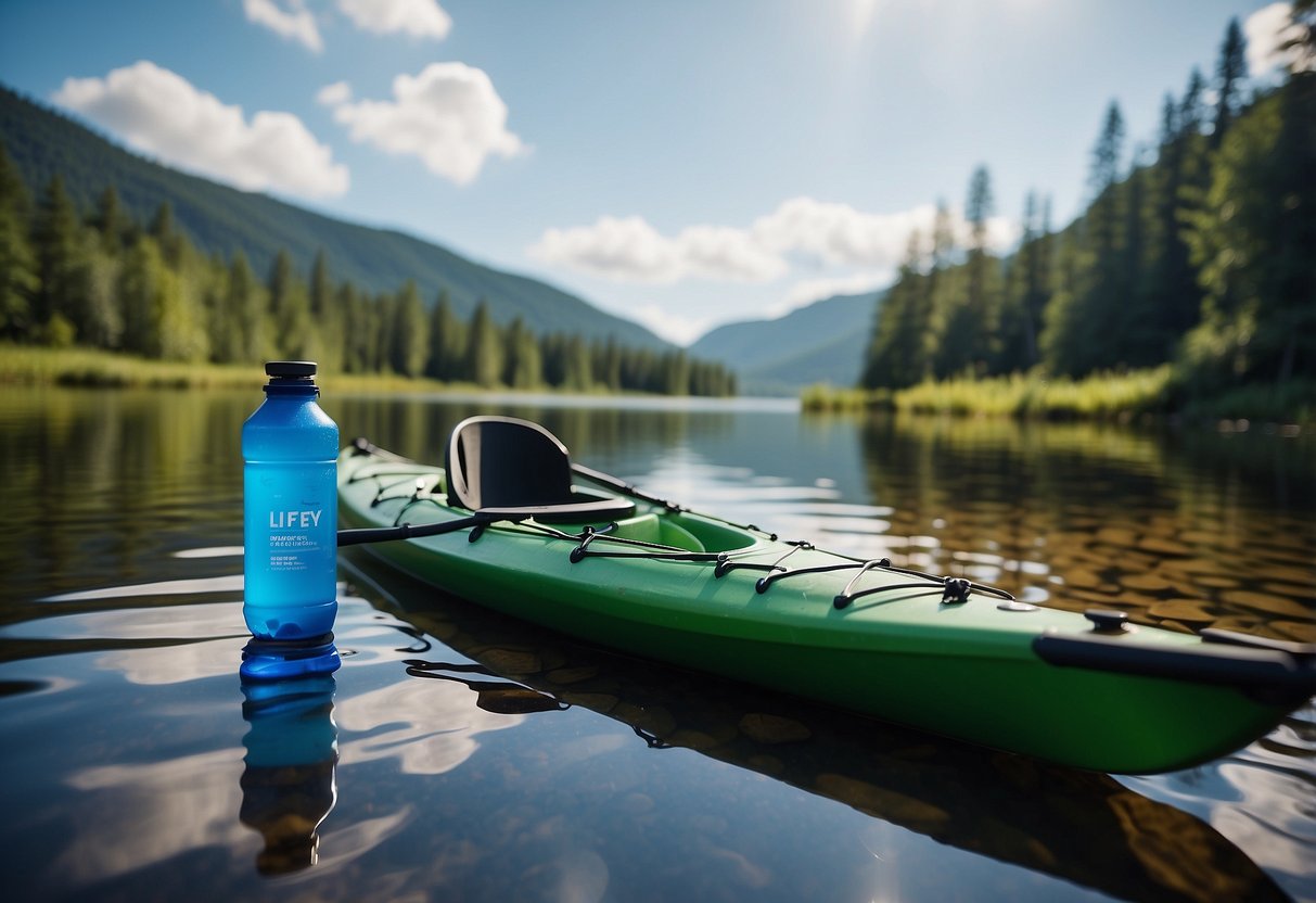 A kayak and a canoe on a calm river, with a Lifestraw Personal Water Filter attached to the side. Surrounding nature is lush and serene