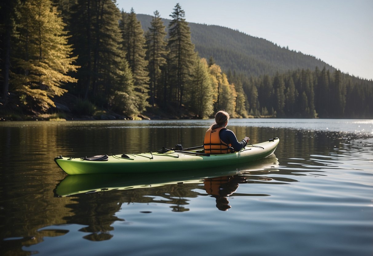 A calm lake with two kayaks, one larger and one smaller, floating peacefully. The sun is shining, and there are gentle ripples on the water. The larger kayak has a parent paddling, while the smaller kayak has a child enjoying the