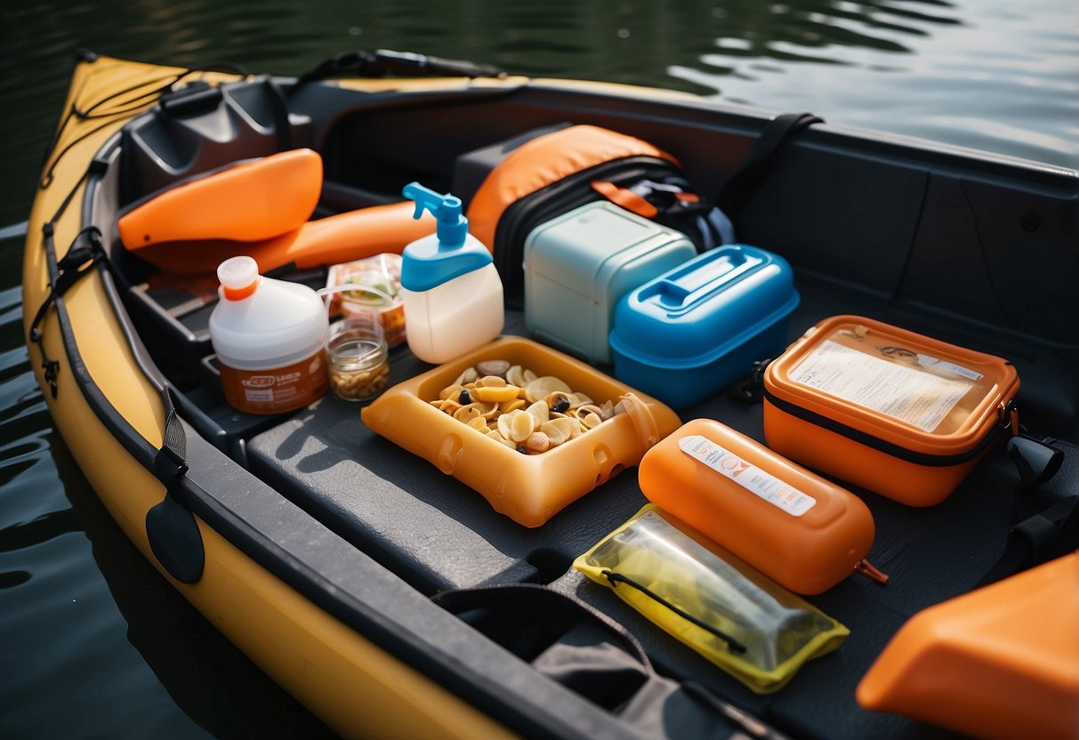 A family kayak is loaded with snacks, water bottles, and sunscreen. Paddles and life jackets are neatly stowed in the kayak's compartments