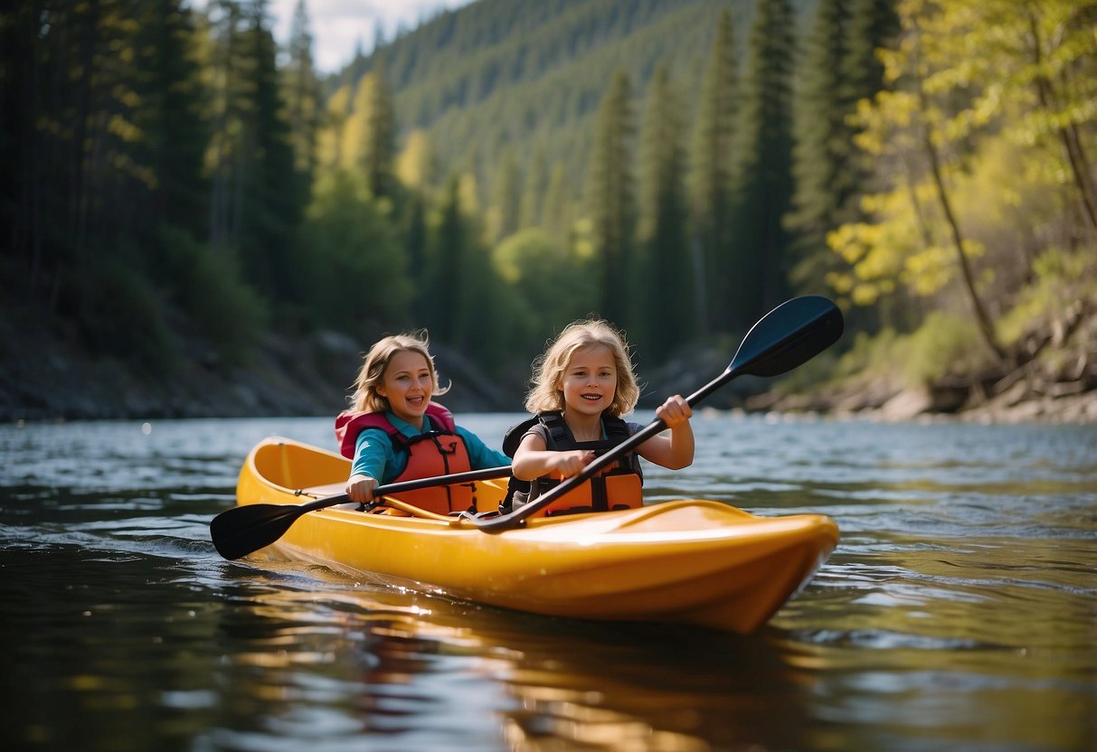 A family of four paddles in a colorful kayak, passing by "Fun Stops" along a winding river. The kids are excited, while the parents follow the 7 tips for a safe and enjoyable journey