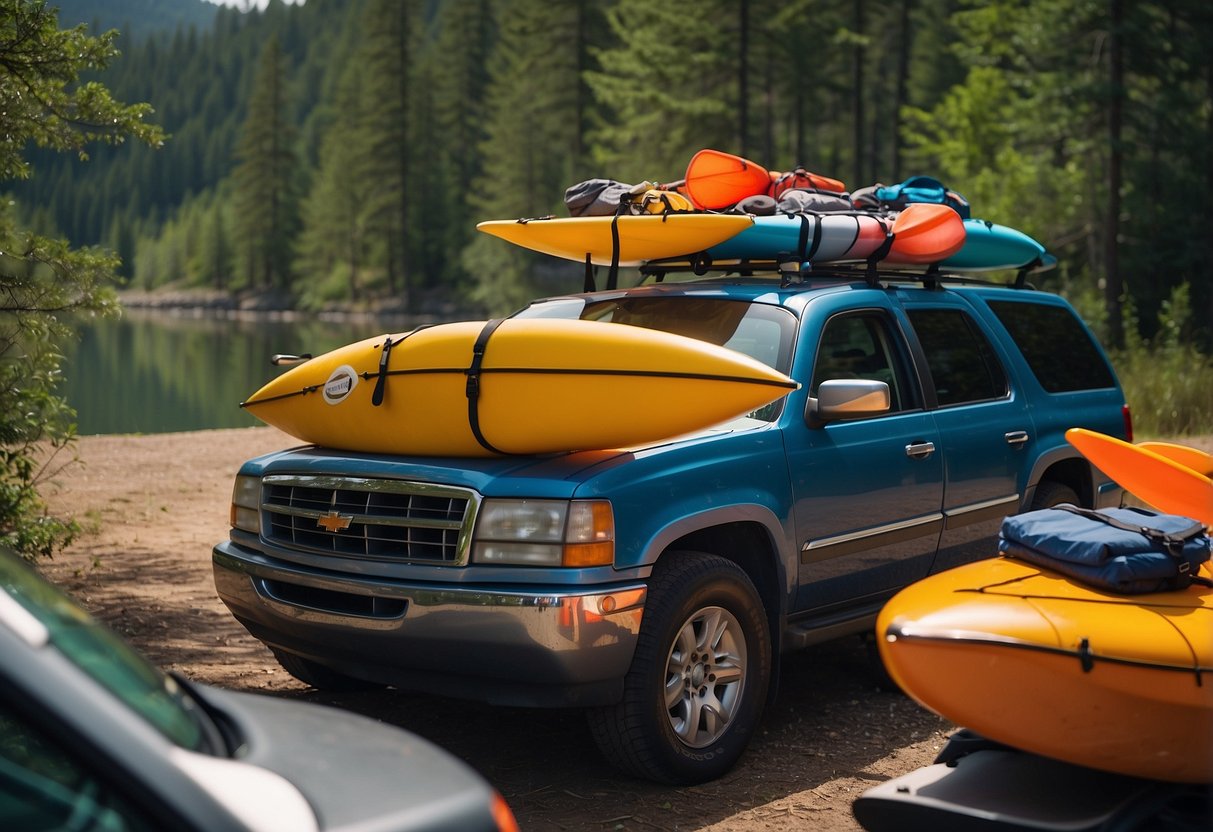 A family loads kayaks onto a car roof rack, while children eagerly gather paddles and life jackets. A map and snacks sit nearby