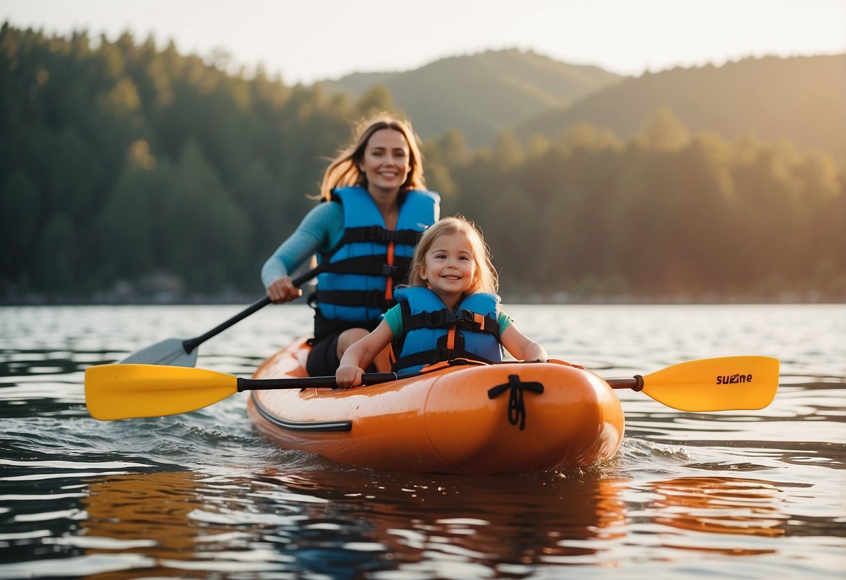 A parent and child paddle on calm waters, both wearing life jackets. The parent leads, demonstrating proper paddling technique. The child follows closely, enjoying the experience with a big smile