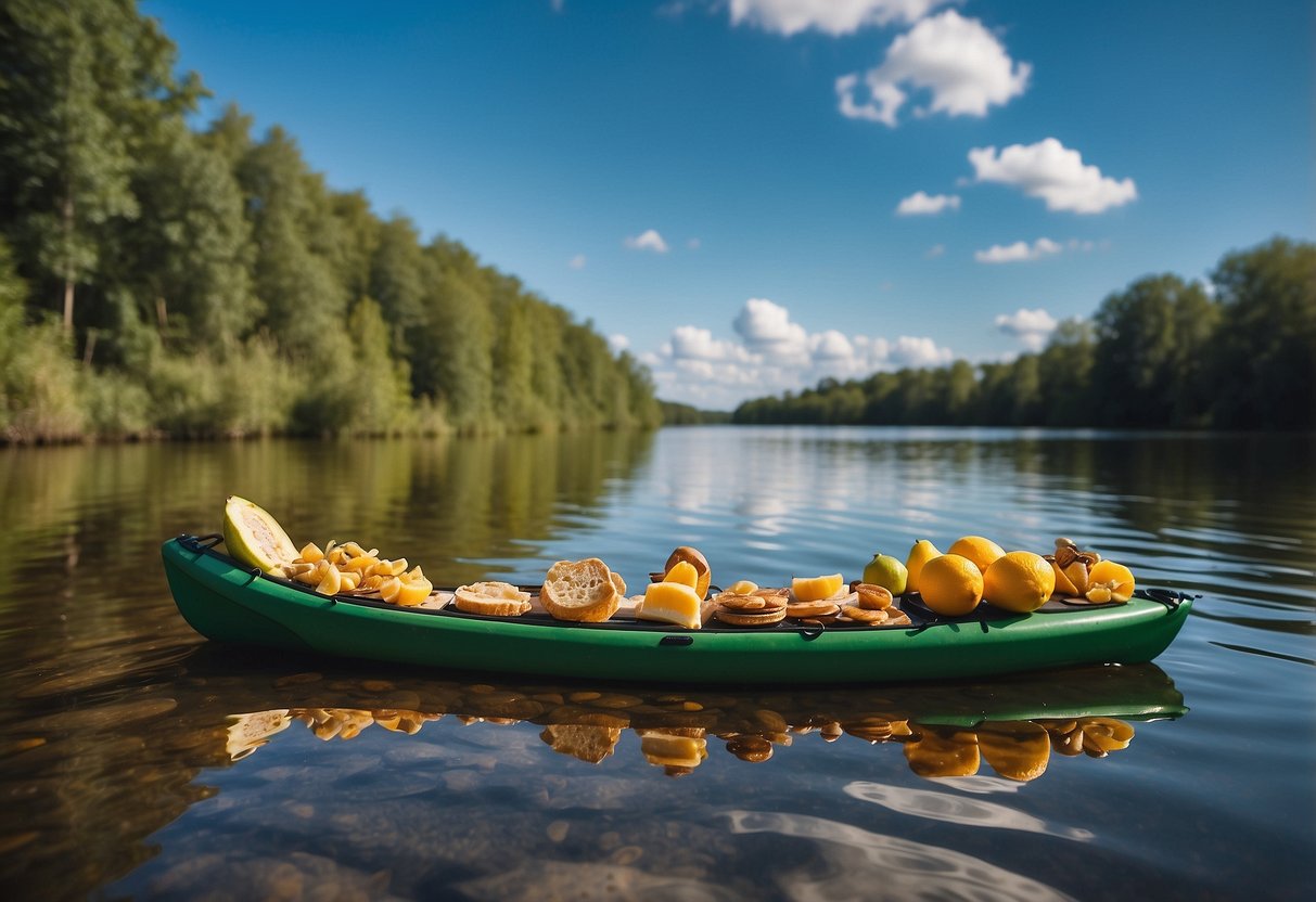 A kayak loaded with fresh fruits, granola bars, nuts, and sandwiches on a calm river under a clear blue sky