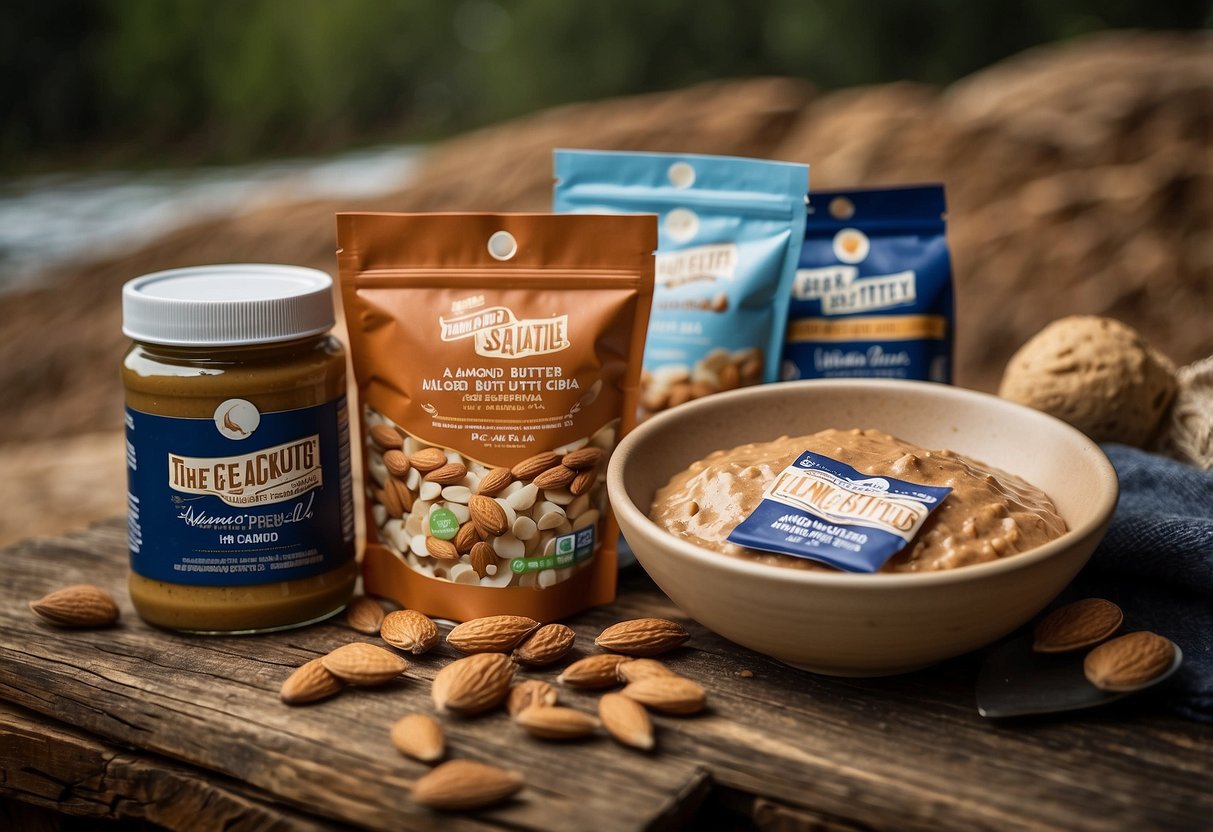 A stack of almond butter packets sits next to a pile of lightweight food options, ready for a paddling trip