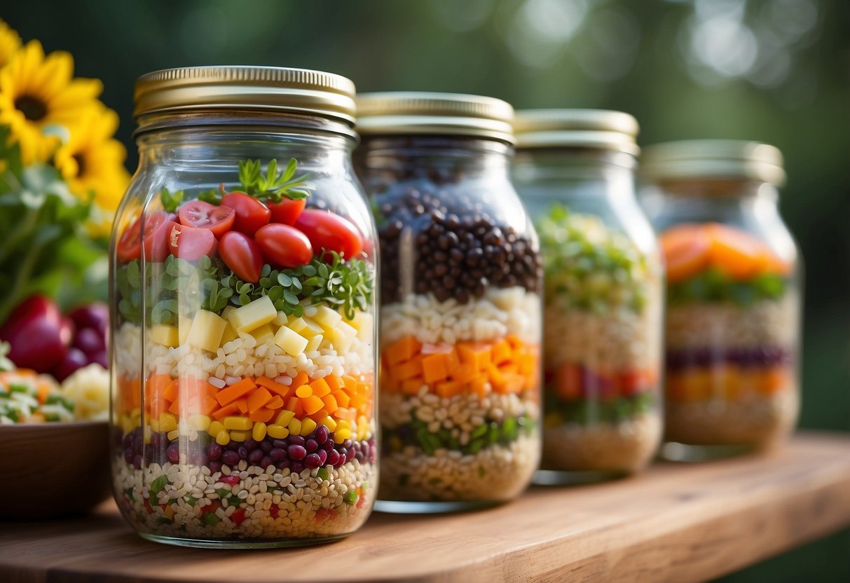 A mason jar filled with layers of colorful quinoa salad, surrounded by lightweight food items for paddling trips