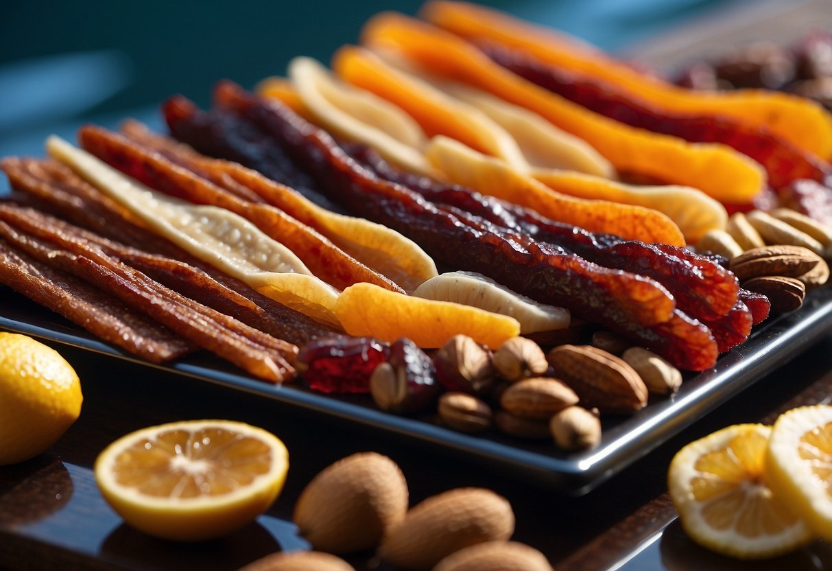 A colorful array of jerky sticks, nuts, and dried fruits arranged neatly on a lightweight, waterproof surface with a paddle and water in the background