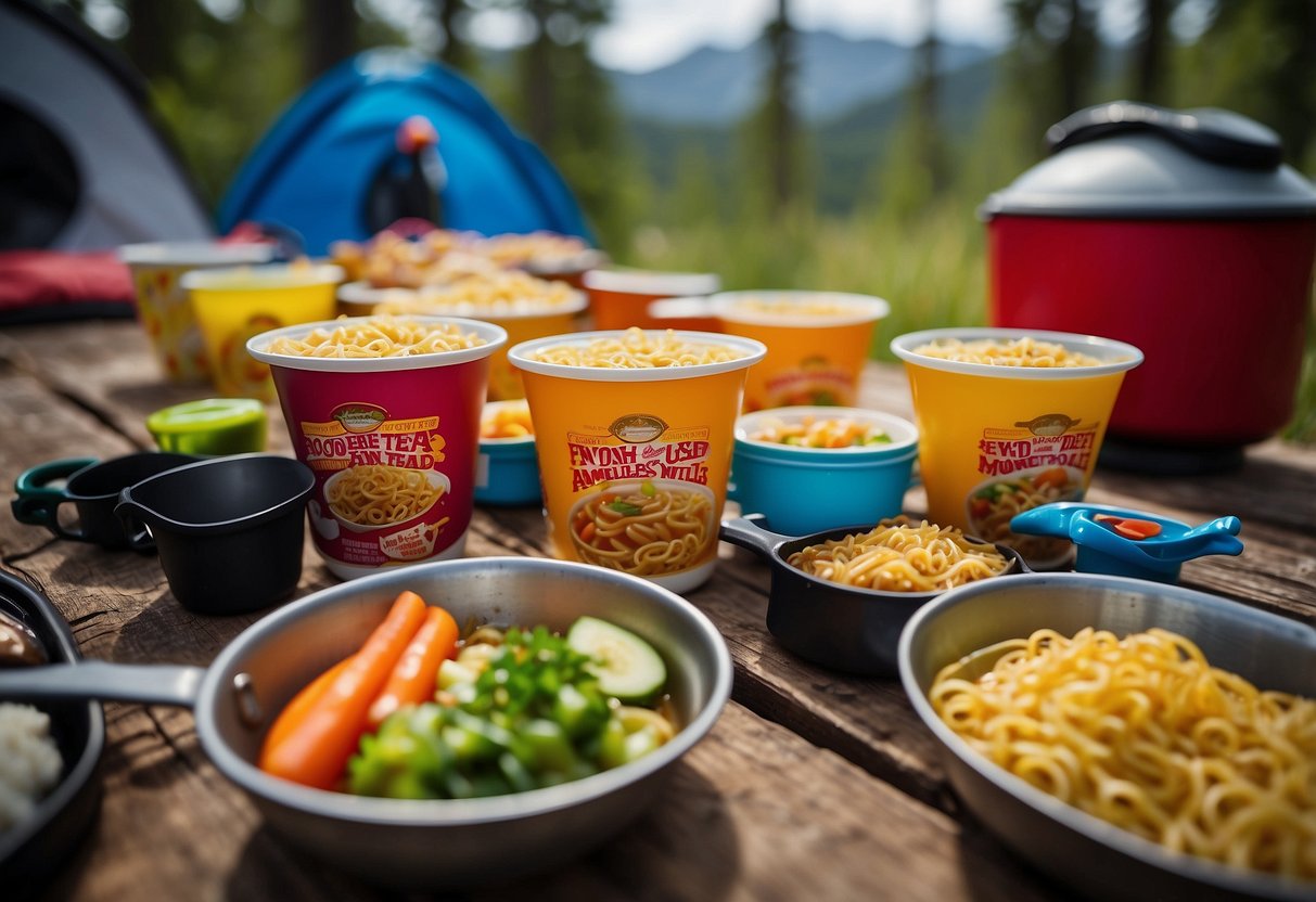 A colorful array of instant noodle cups displayed on a camping table, surrounded by lightweight camping gear and paddling equipment