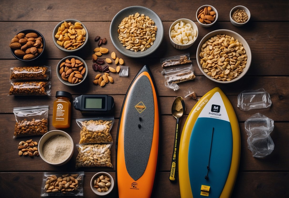 A paddleboarder's gear laid out with lightweight food options: trail mix, energy bars, dehydrated fruits, nuts, and jerky