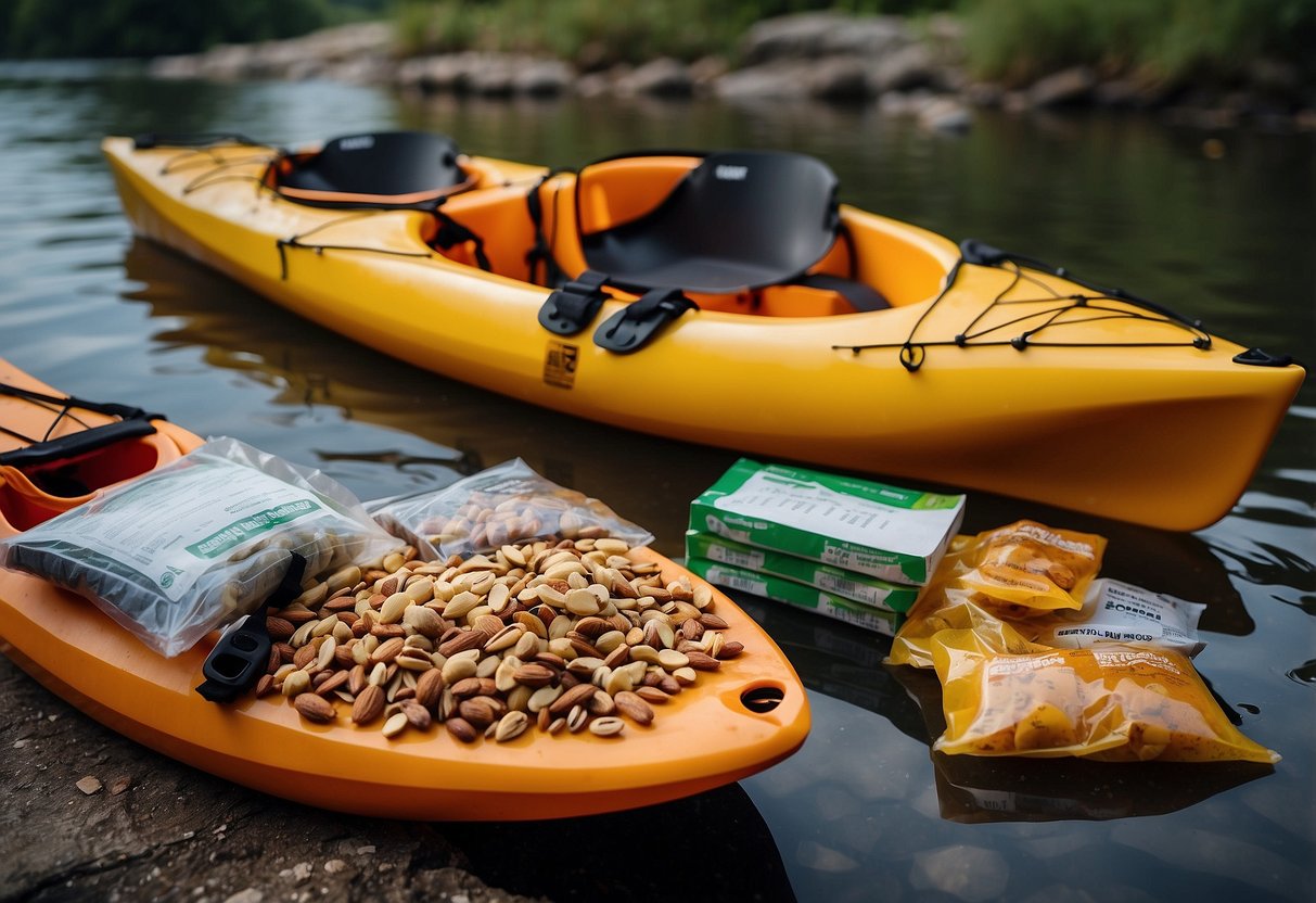 A kayak loaded with lightweight, compact food items such as dehydrated meals, energy bars, nuts, and dried fruits. A dry bag and cooler are secured on the kayak for proper storage and preservation