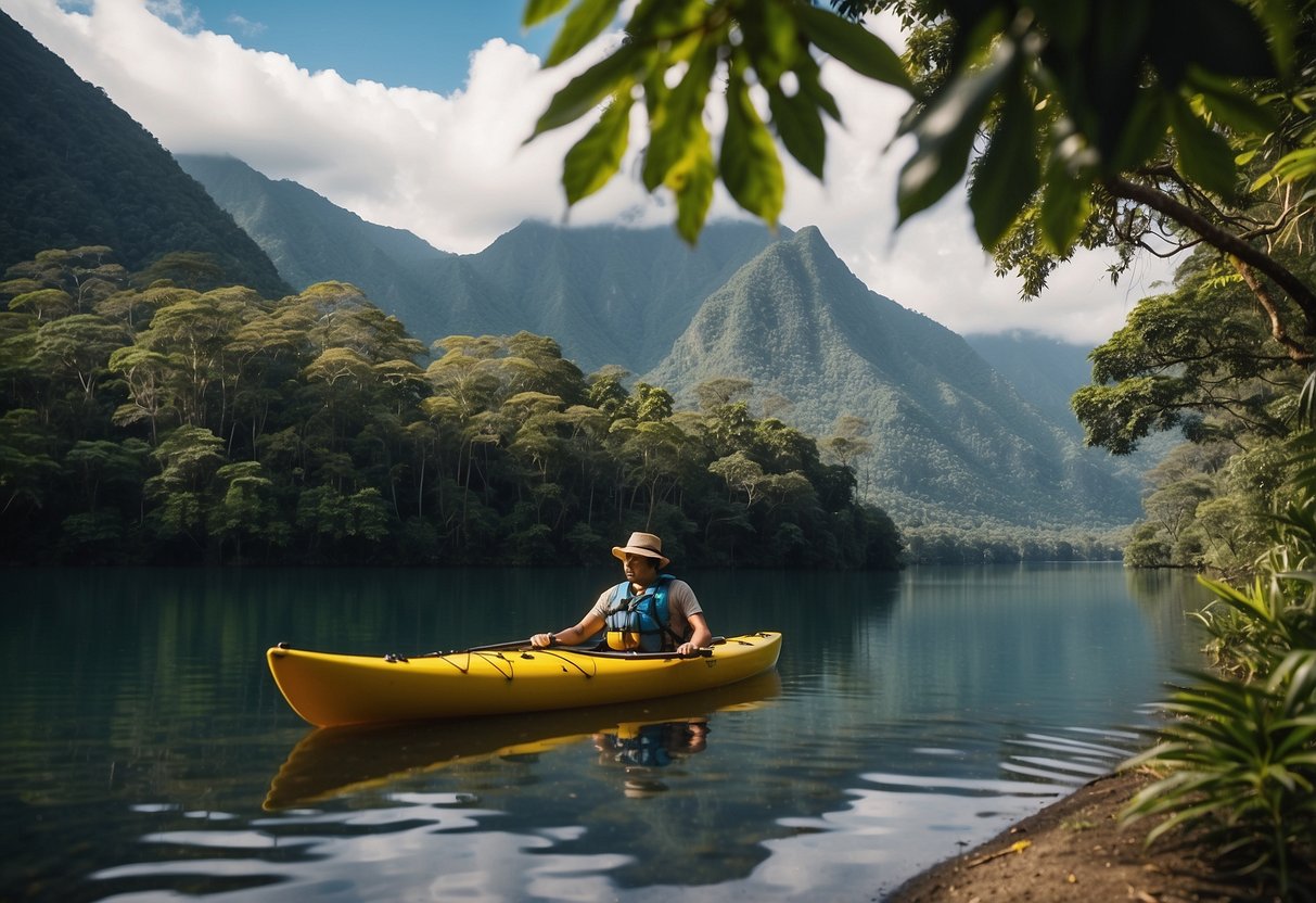 A tranquil river winds through lush rainforest, with towering mountains in the distance. A kayak glides through the calm waters, surrounded by vibrant flora and fauna