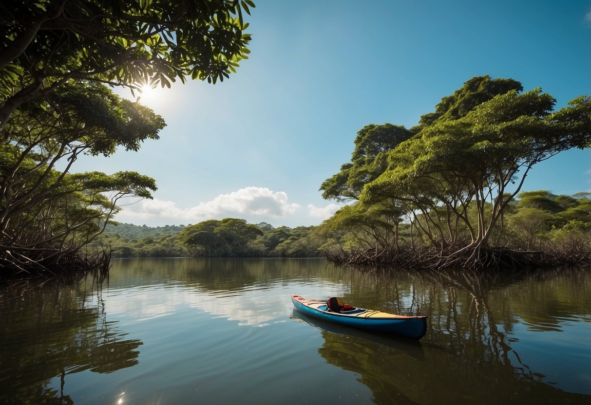 Lush mangroves line the calm waters of Tumbes, Ecuador. Kayaks and canoes glide through the serene, winding routes, surrounded by vibrant greenery and diverse wildlife