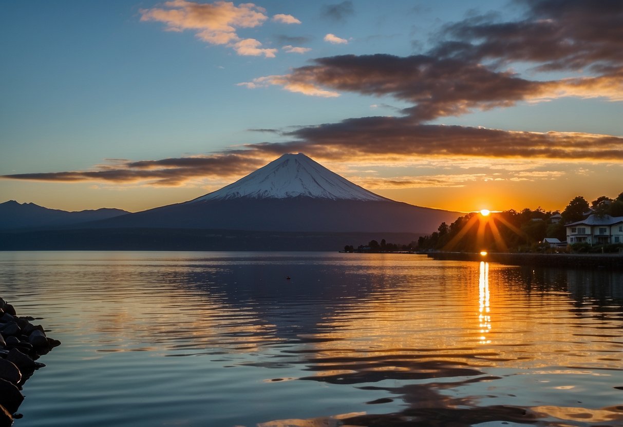 Sunset over Lake Llanquihue, with snow-capped volcanoes in the distance. Calm waters reflect the vibrant colors of the sky, perfect for kayaking and canoeing