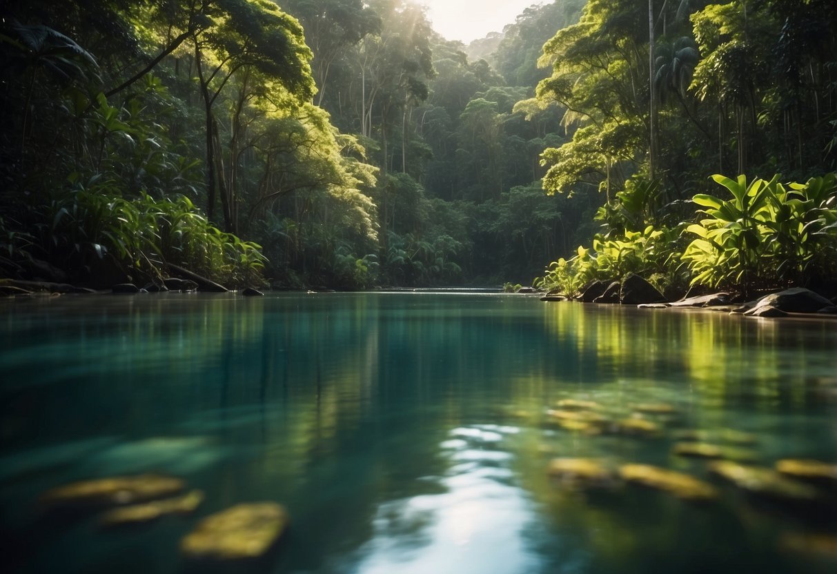 A serene river winds through lush rainforest, with vibrant flora and fauna surrounding the water. The sun shines overhead, casting dappled light on the tranquil surface, perfect for kayaking and canoeing