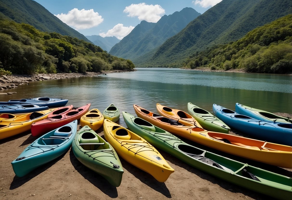 A colorful array of kayaks and canoes sit on the shore, surrounded by lush greenery and flowing rivers, with a backdrop of towering mountains in South America