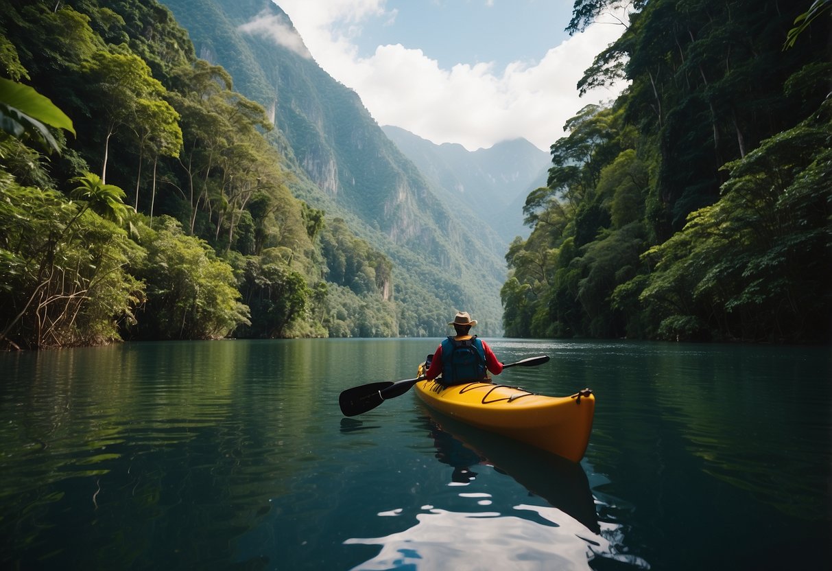 A serene river winds through lush rainforest, flanked by towering mountains. A kayak glides peacefully on the water, surrounded by vibrant flora and wildlife