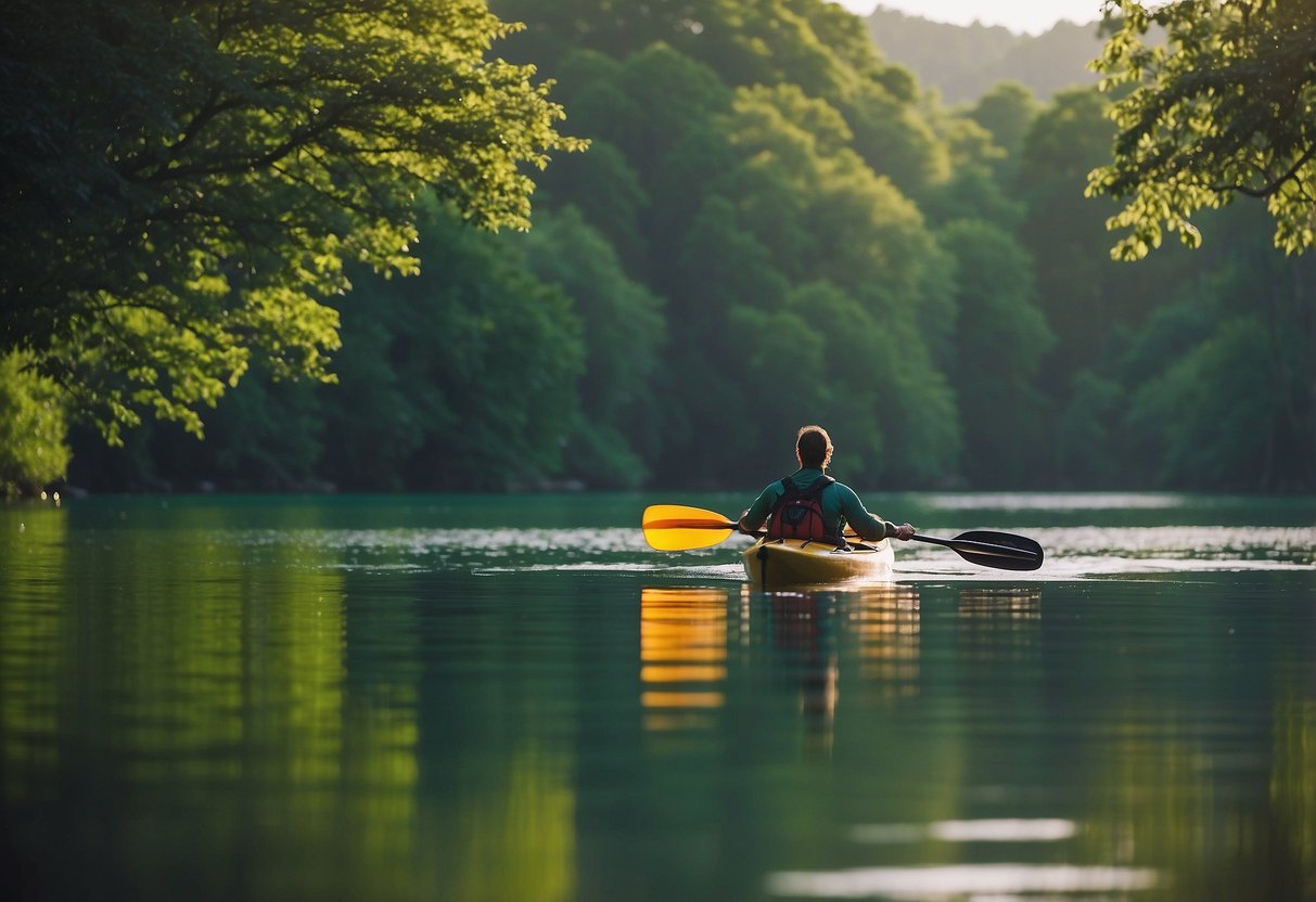 A kayaker navigates through calm waters, surrounded by lush greenery and wildlife. Birds soar overhead, while a turtle basks on a nearby log. The kayaker maintains a respectful distance, observing the natural beauty around them