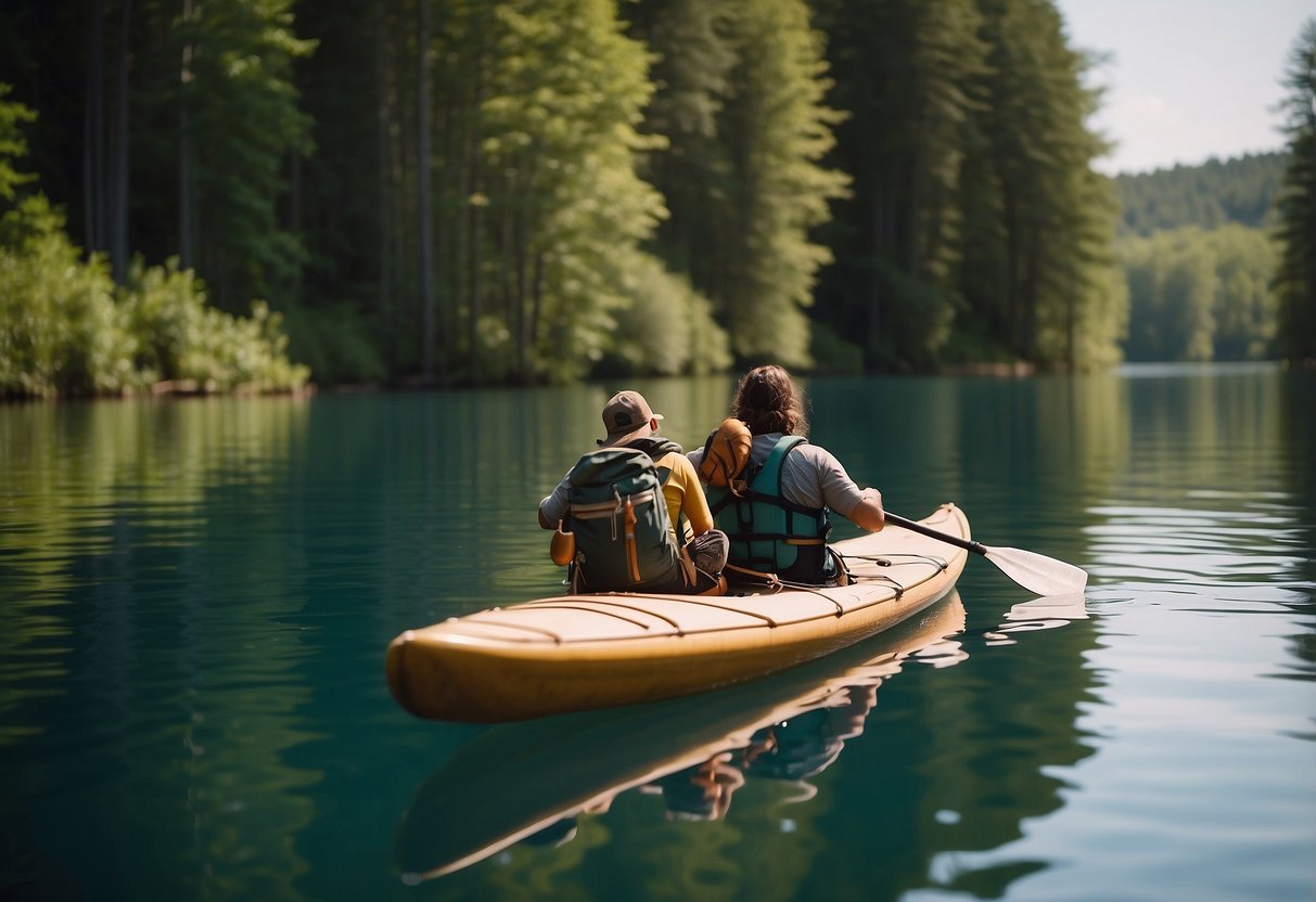 A sturdy paddle floats on calm water, surrounded by lush greenery and wildlife. A sense of tranquility and adventure fills the air