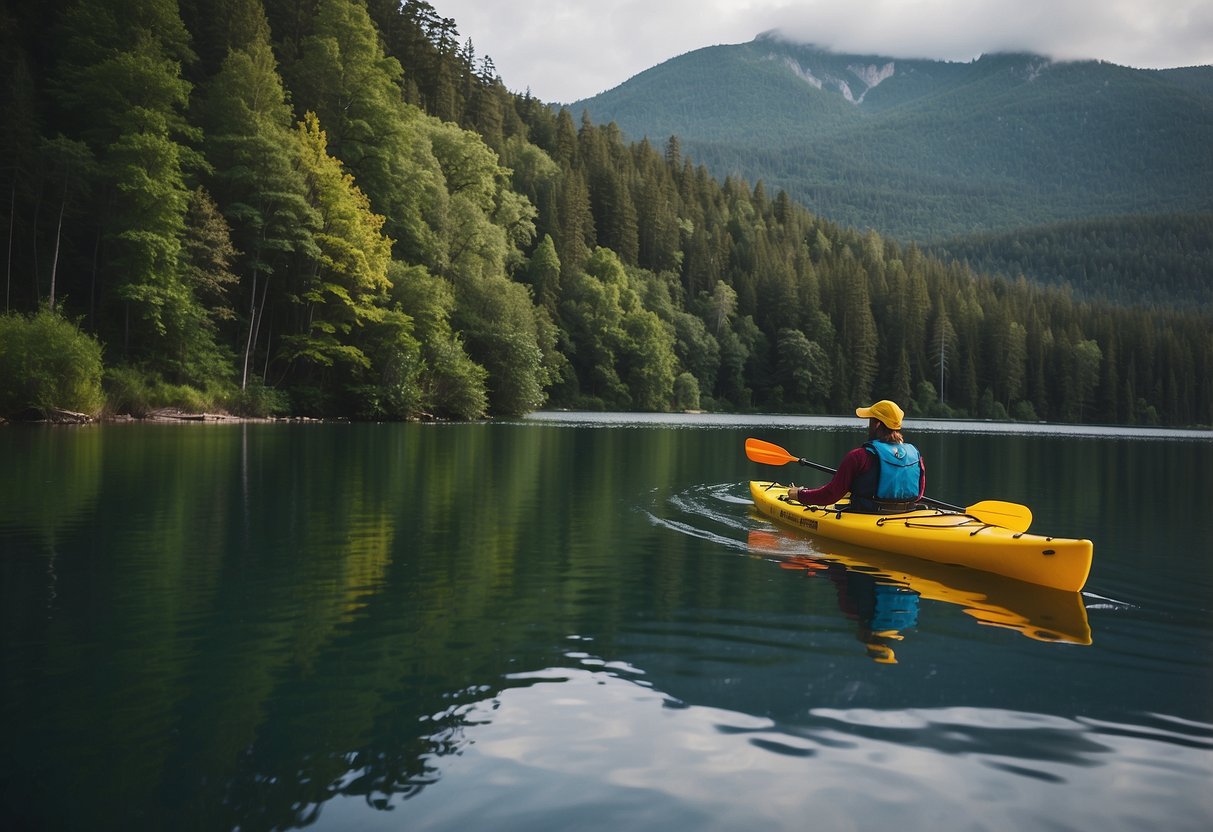 A kayaker wearing bright clothing paddles past a serene lake, surrounded by lush greenery and wildlife