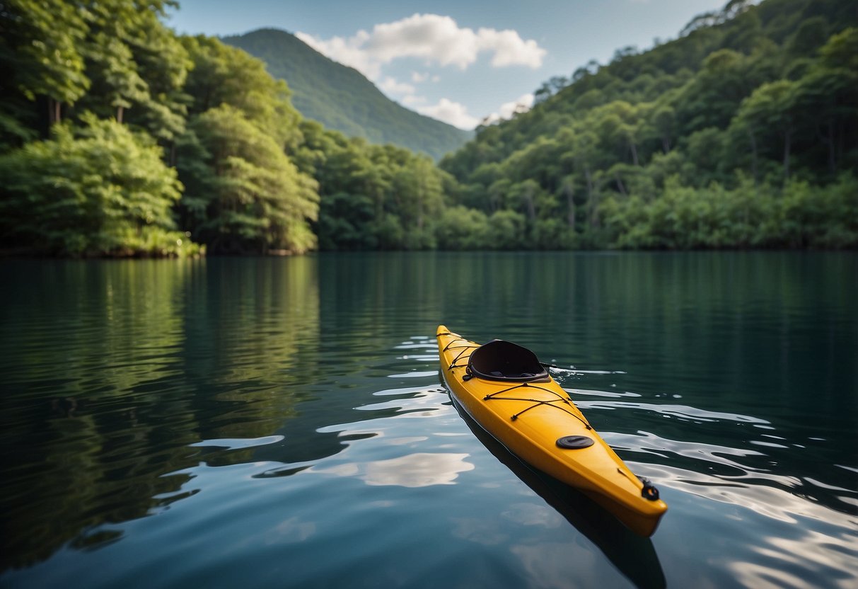 A kayak floats on calm water, surrounded by lush greenery. A whistle dangles from the kayak's deck, ready to be used for wildlife encounters