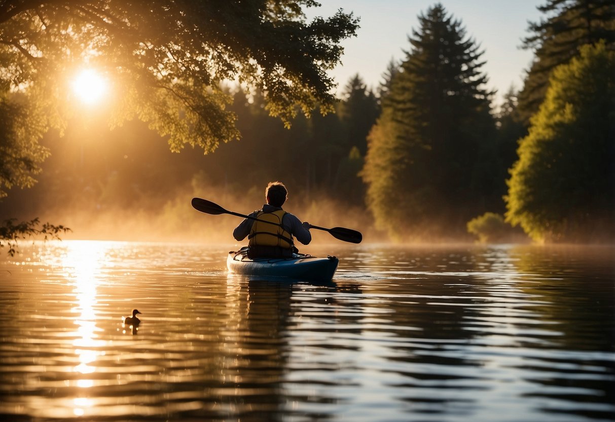 A kayaker paddles on calm water, keeping a safe distance from a family of ducks swimming nearby. The sun sets behind the trees, casting a warm glow over the scene