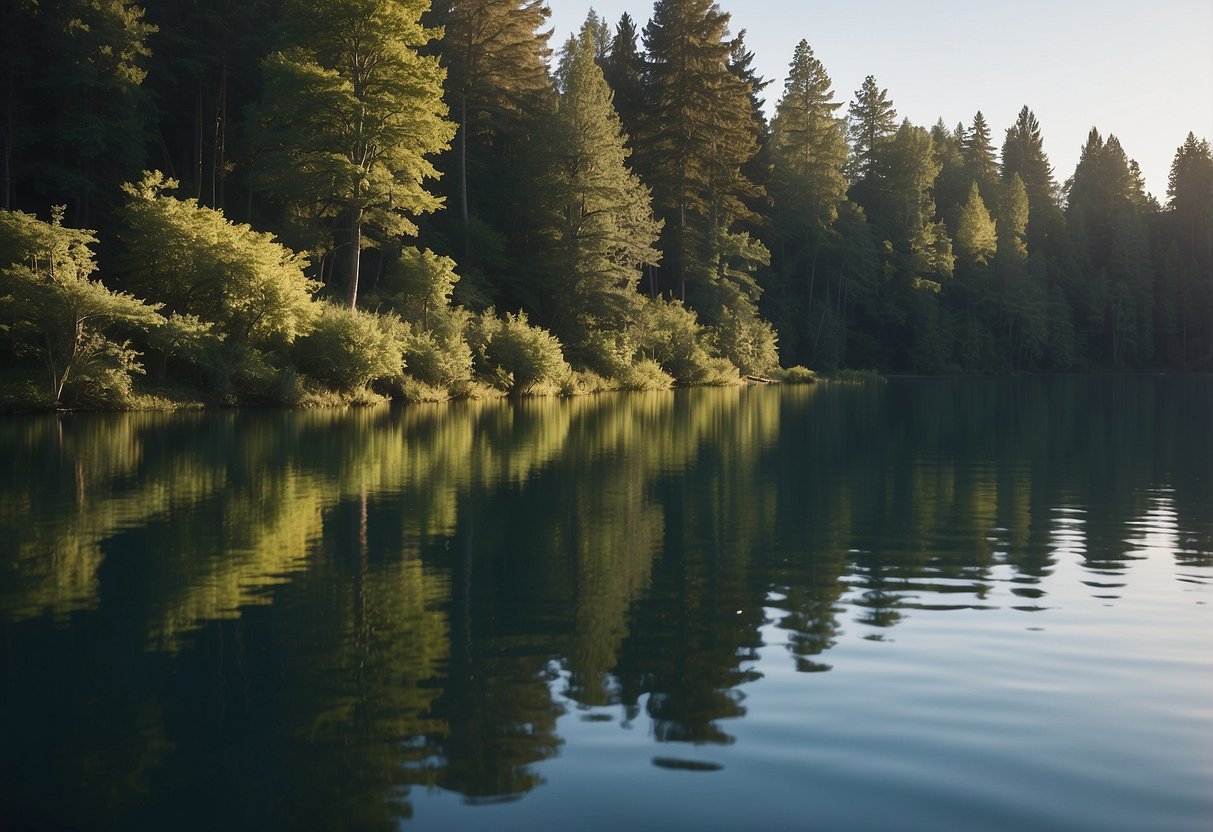 A serene lake with a kayak gliding through calm waters, surrounded by lush greenery and wildlife peeking out from the trees and water