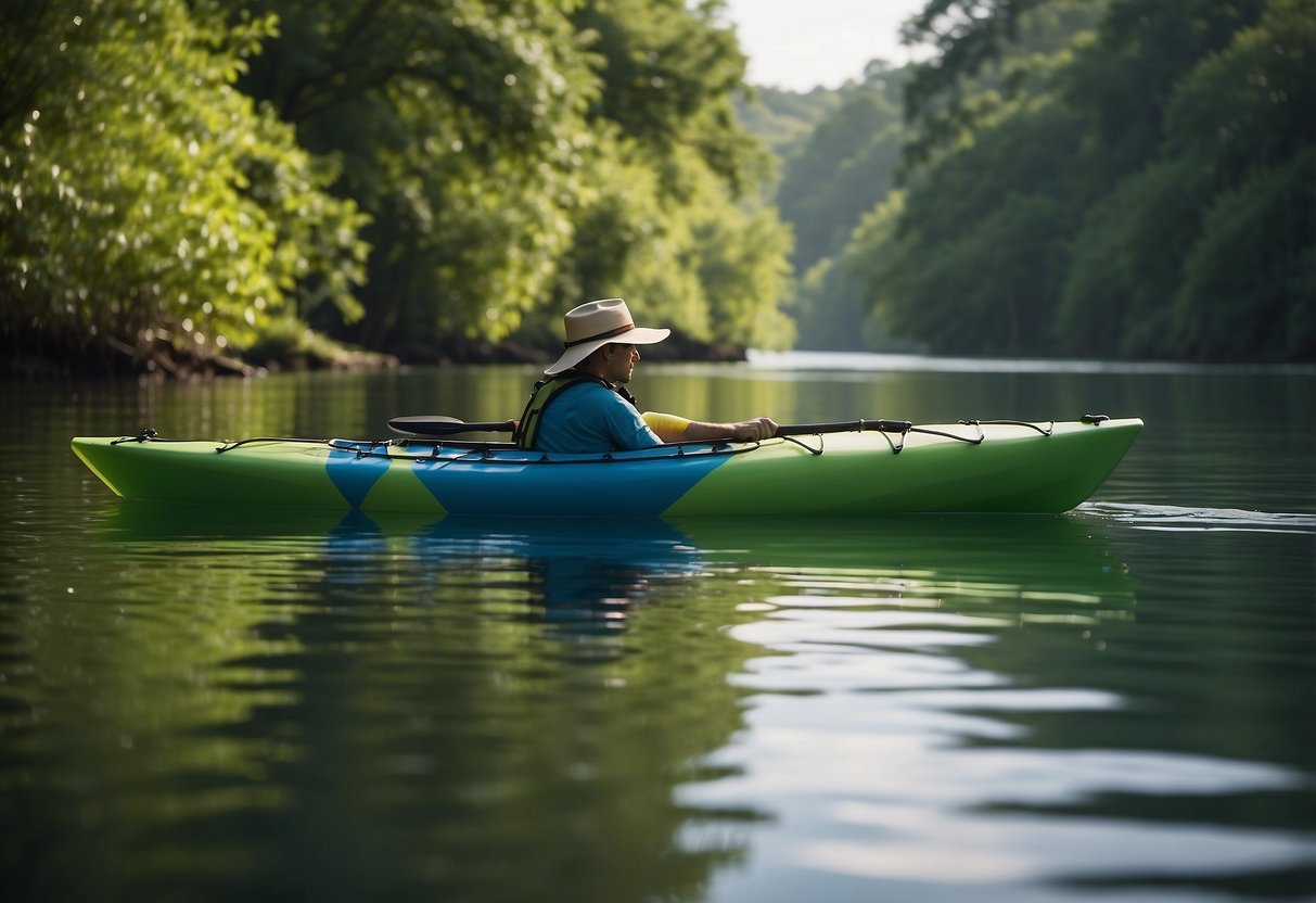 A kayak floats on calm water, surrounded by lush greenery. A variety of wildlife, such as birds, turtles, and fish, can be seen in the water and along the shoreline