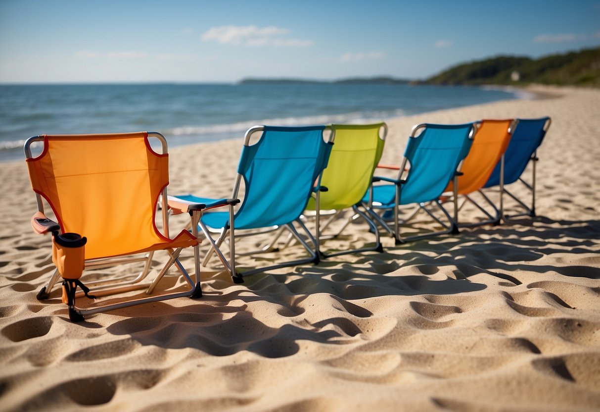 Five lightweight paddling chairs arranged on a sandy beach with a calm ocean in the background. Each chair is made of durable, weather-resistant material and has a built-in cup holder and adjustable backrest for maximum comfort