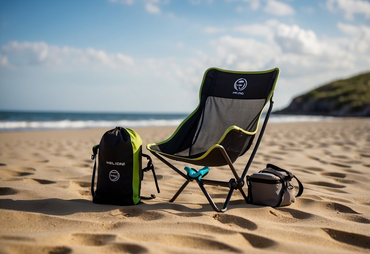 A Helinox Chair Zero sits on a sandy beach, surrounded by paddling gear. The chair is lightweight and compact, perfect for outdoor adventures