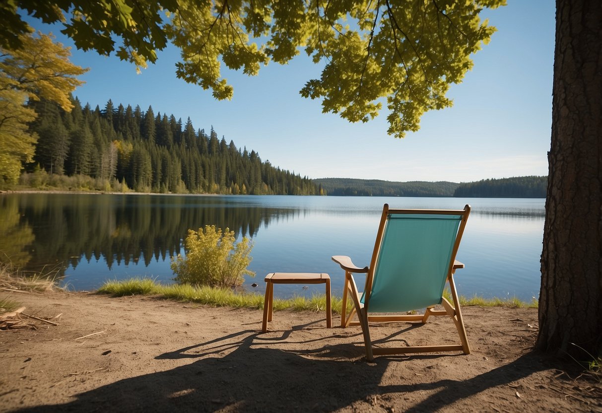 A serene lake shore with a lightweight paddling chair set up, surrounded by tall trees and a clear blue sky above