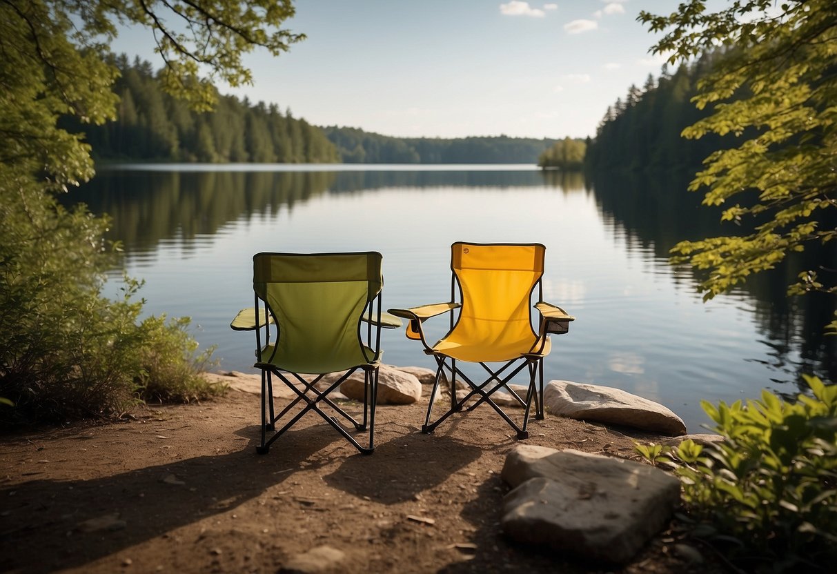 A campsite with a lightweight paddling chair, surrounded by nature and a serene lake or river. The chair is sturdy and comfortable, with a compact design for easy transport