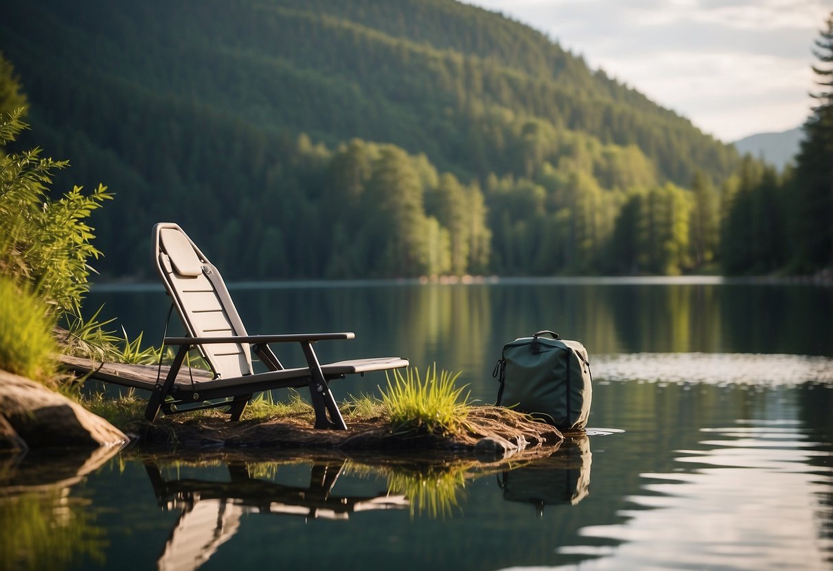 A tranquil lakeside setting with a Therm-a-Rest Quadra Chair set up next to a sleek kayak, surrounded by lush greenery and calm waters