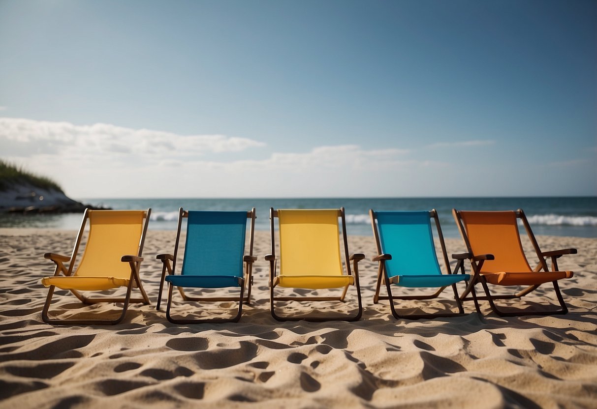 Five lightweight paddling chairs arranged on a sandy beach with a calm ocean in the background, showcasing their sturdy frames and comfortable designs