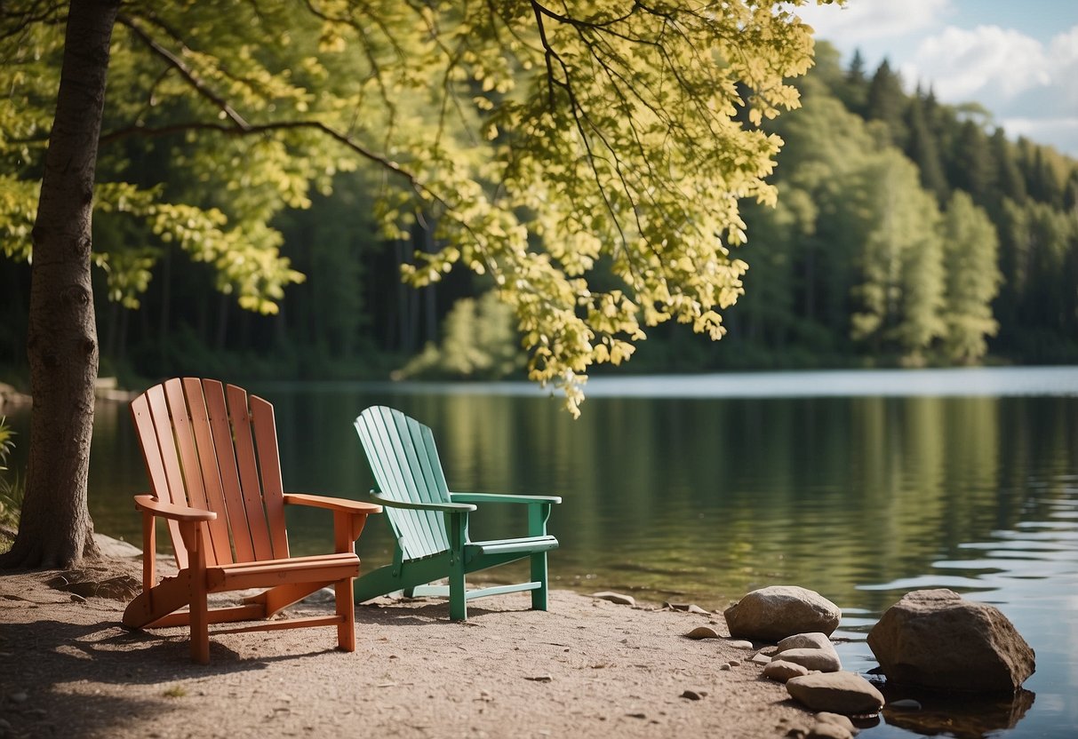 A bright, sunny day on a calm lake, with a colorful lightweight paddling chair set up on the shore, surrounded by trees and the gentle sound of water lapping against the shore