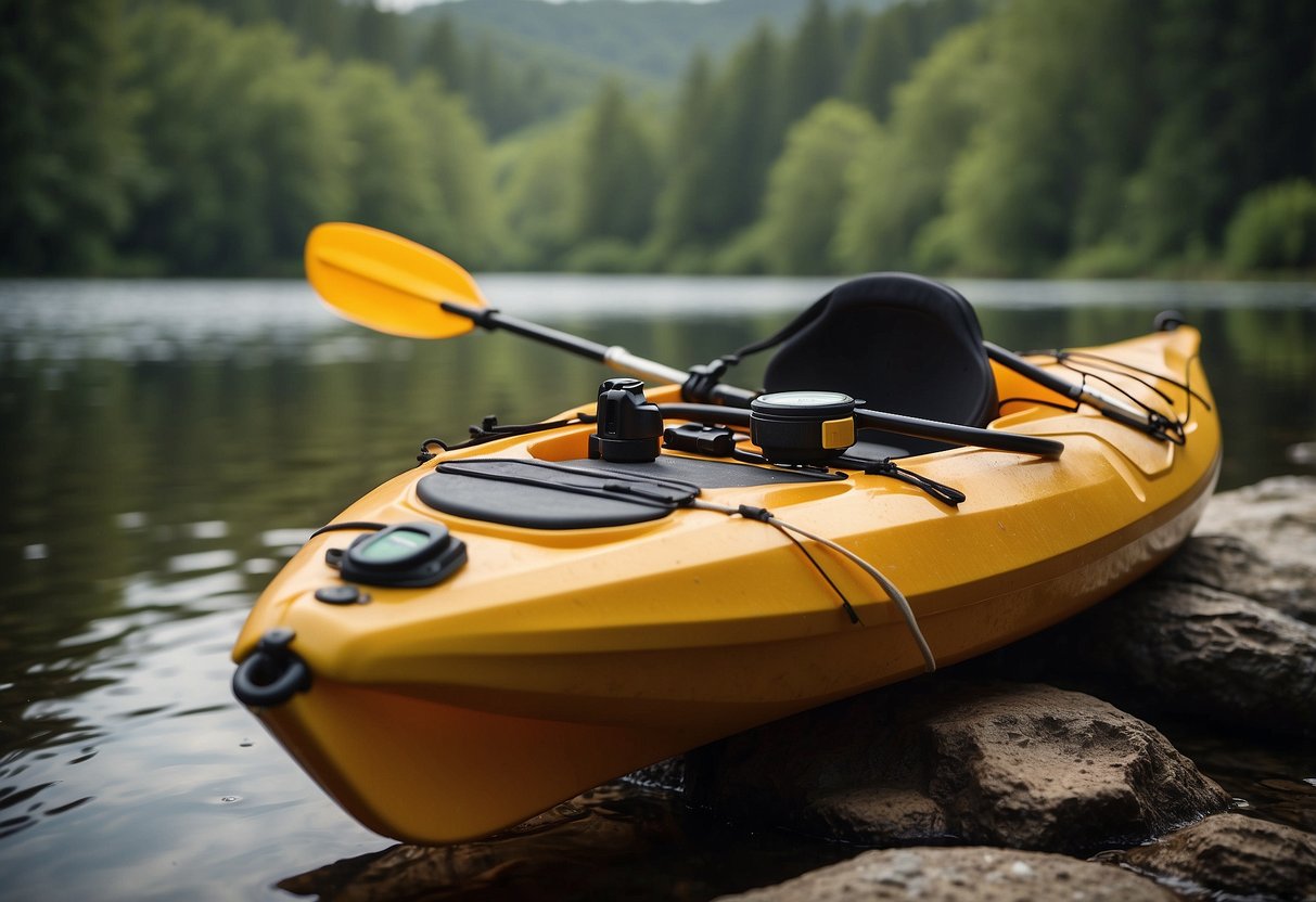 A kayak on a calm river, with a map, compass, and GPS laid out on a waterproof case. A paddle and safety whistle are nearby, along with a waterproof bag and a first-aid kit