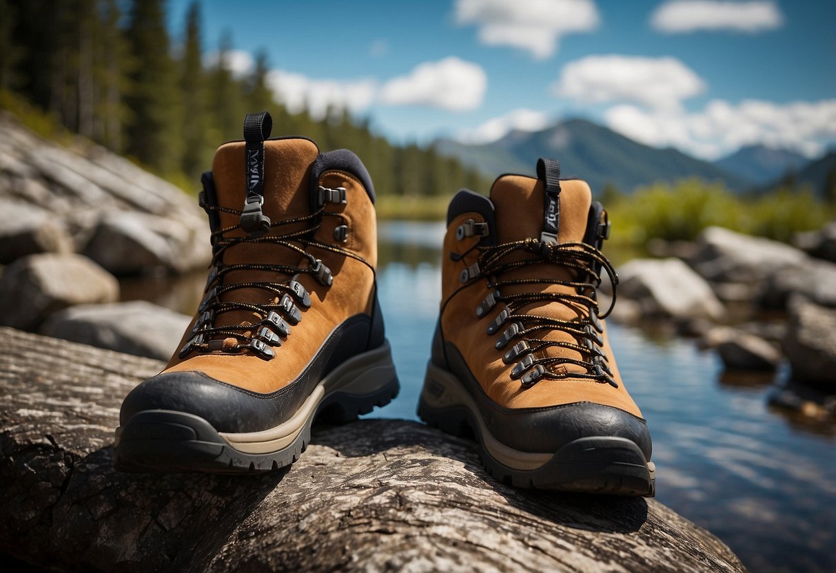 A pair of NRS Boundary Boots surrounded by essential navigation tools for paddling trips