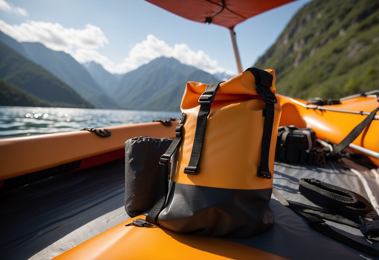 A dry bag sits open on a kayak deck, revealing 10 navigation tools neatly organized inside. The sea stretches out in the background, with a mountain rising in the distance